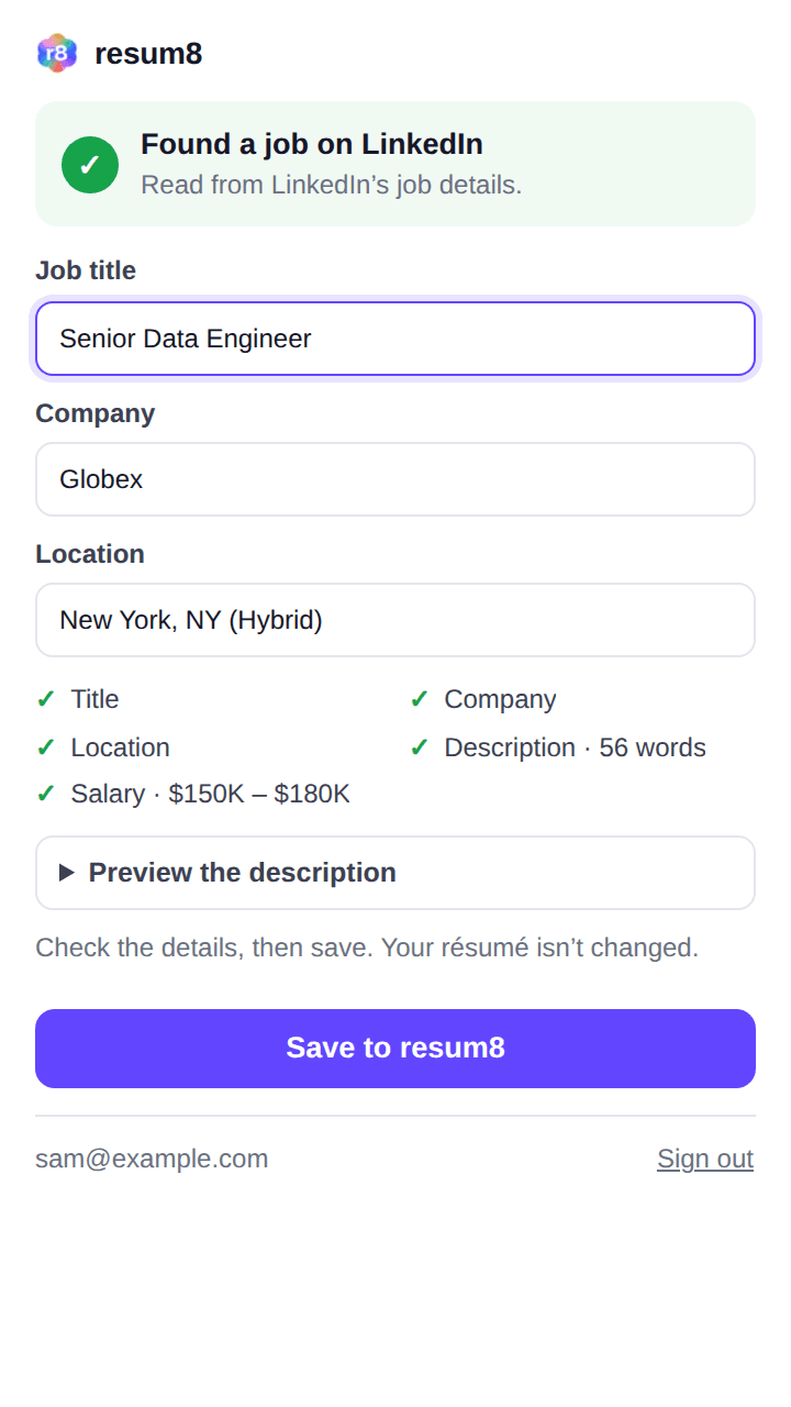 The resum8 extension showing a job it found on LinkedIn, ready to save